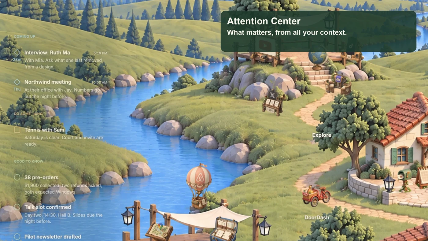 The Attention Center showing upcoming events and useful items in the world.