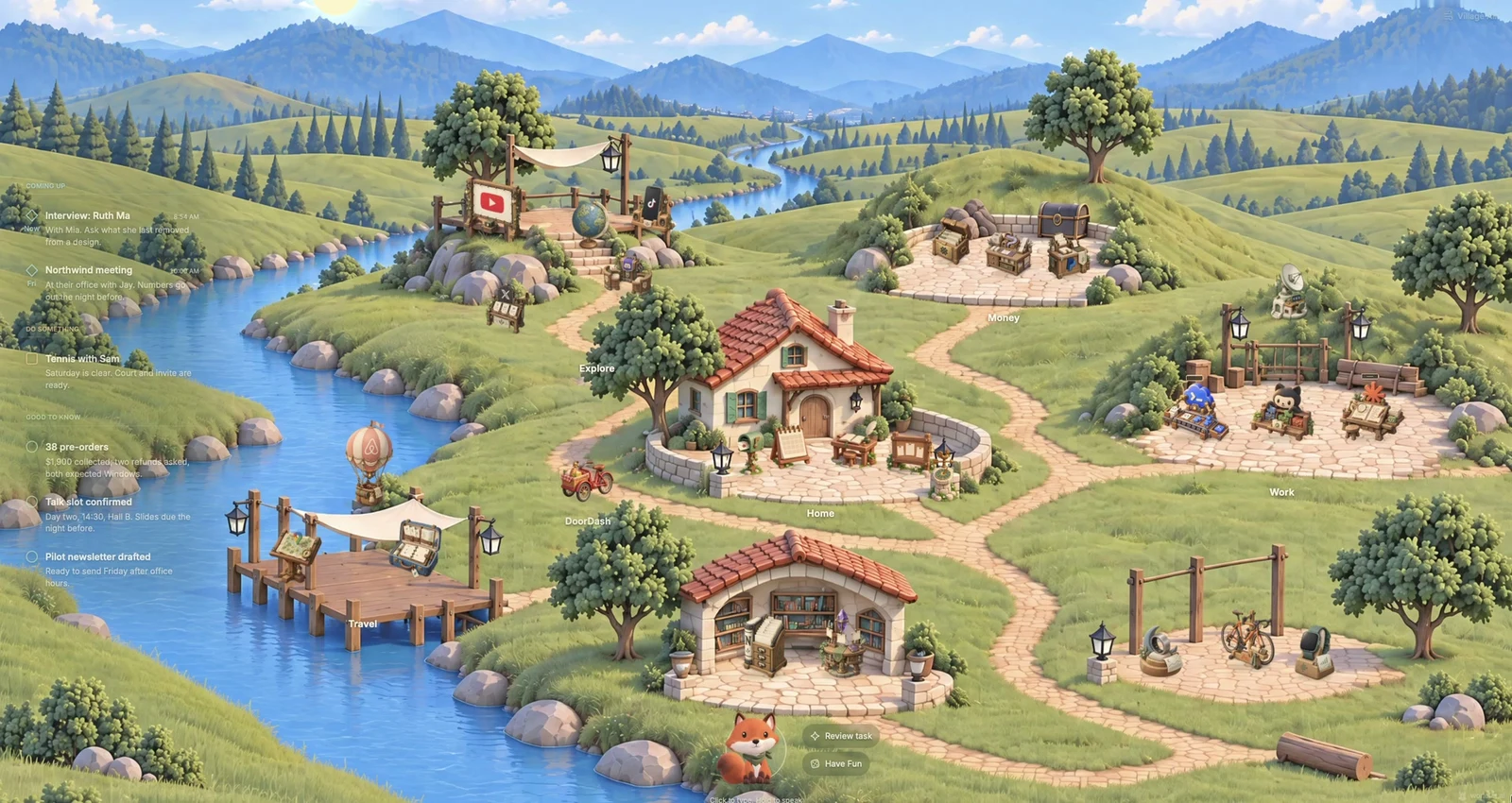 A full view of Worldlet with a river, home, library, work area, applets and Fox.