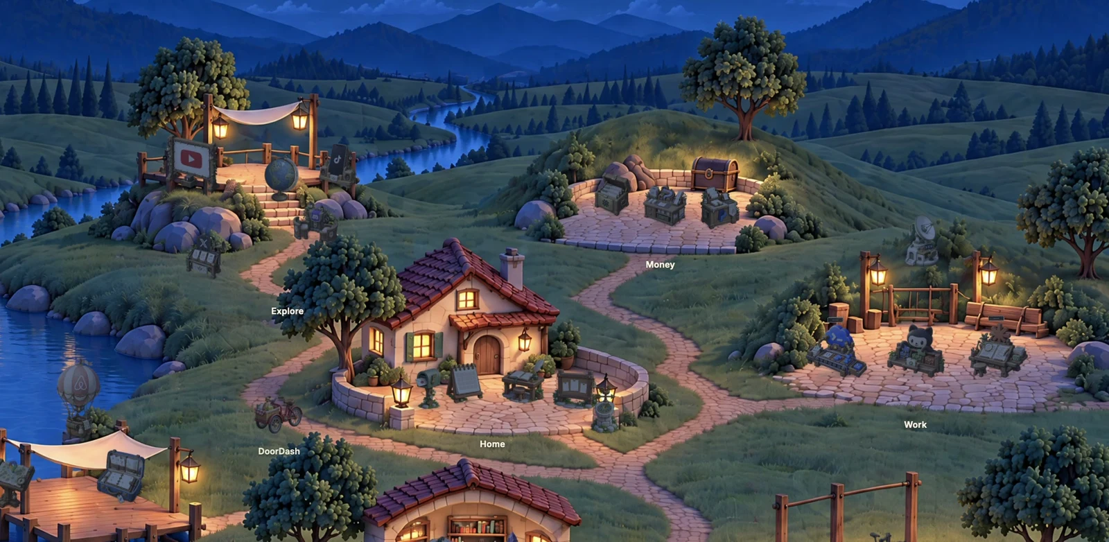 The Worldlet village at night, with a moonlit sky and warm lights around the buildings.