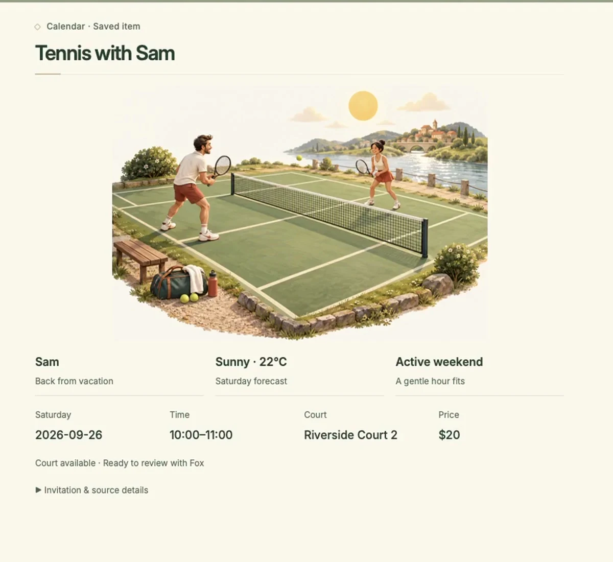 The Tennis with Sam card shows Sam back from vacation, sunny weather, an active-weekend goal, and proposed court and time details.