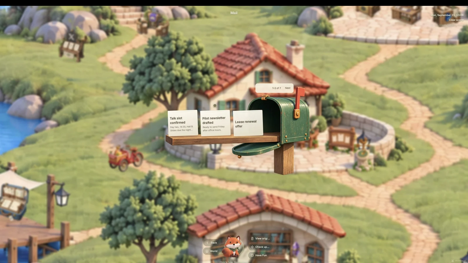 An email applet opens within the same village, keeping the task in its spatial context.
