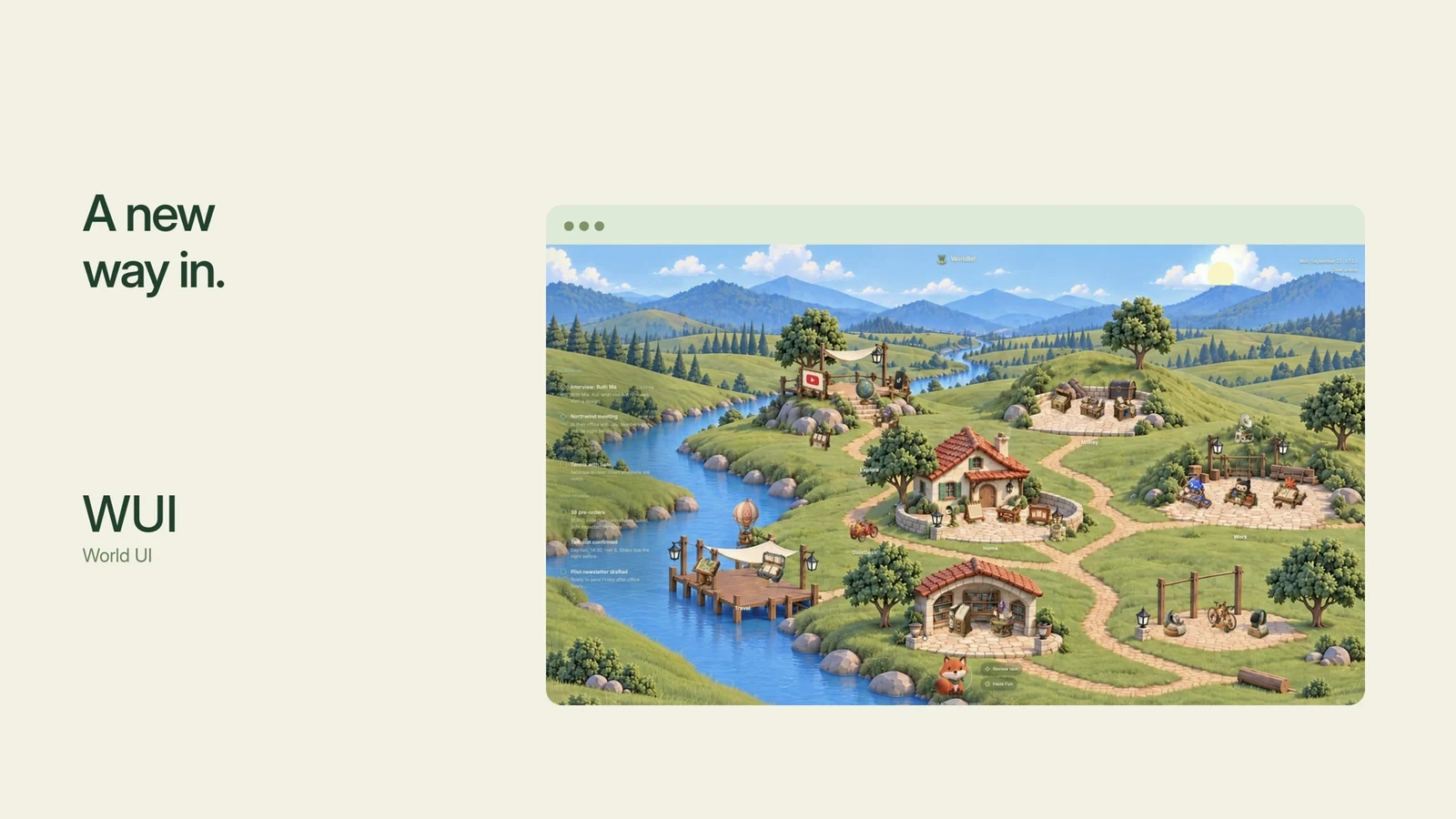 The WUI label accompanies a view of tools arranged in a living village.