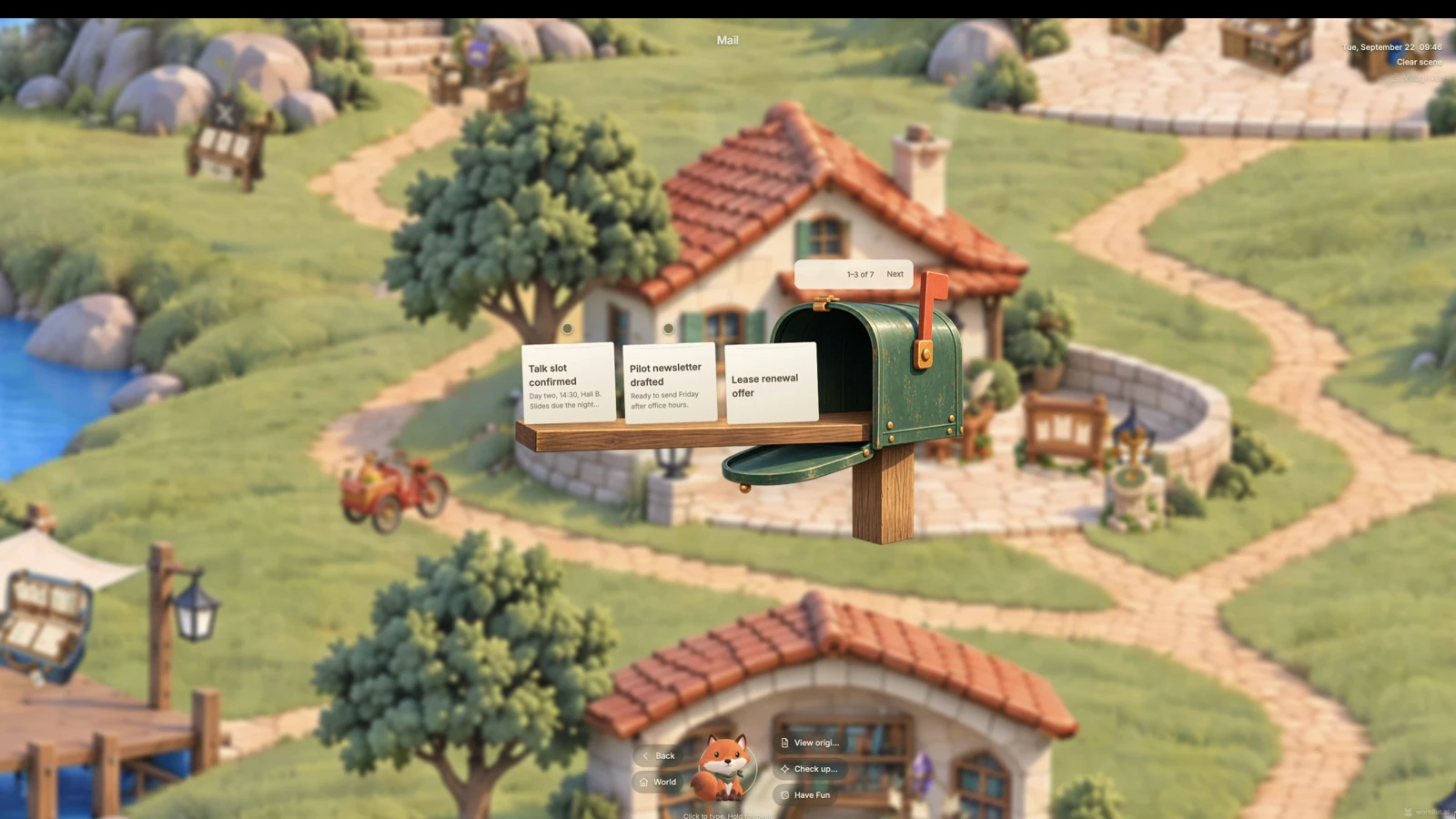 Mail opens as a mailbox with individual messages displayed on cards.