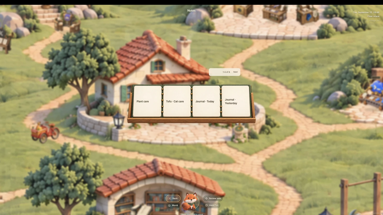 The Notes Applet opens as a notebook with note cards in the village.