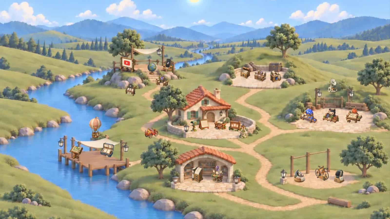 Worldlet’s miniature landscape: a home, wooded paths, a river, and places for work, ideas and travel.